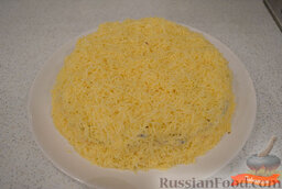 Салат «Белая ночь»: Последний слой - тертый сыр.   Отправляем салат в холодильник для пропитки на 3 часа.