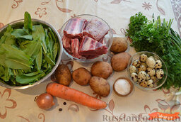 Зеленый борщ с говяжьими ребрами и перепелиными яйцами: Ингредиенты для приготовления зеленого борща.