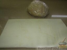 Слоёное тесто бездрожжевое: Следующим этапом остывшее тесто раскатываем быстро, нежно и энергично в тонкий и прямоугольный пласт, как минимум в два дара большего размера, чем наша масляная заготовка.