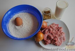 Чебуреки на кефире: Для тарелки сочных чебуреков нам нужно: около 400 грамм мясного фарша, 100 грамм лука, 400 грамм муки, яйцо, стакан кефира, приправа.