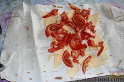 Лаваш с сыром и помидорами: Помидоры нарезаются ломтиками, раскладываются поверх сыра. Лучше класть их сверху сыра, чтобы предотвратить пропитывание соком томатов самого лаваша.