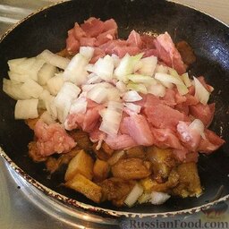 Манты с мясом и грибами: Добавить в сковороду мясо и лук. Добавить приправы, посолить.