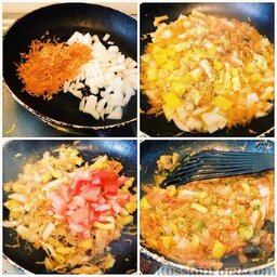 Свинина с овощами в съедобной "тарелке": На разогретой сковороде обжарить лук с морковью. Добавить перец, посолить, поперчить, добавить специи, влить воду. Готовить, пока вода не выпарится.   Добавить помидоры и томатную пасту, проверить на соль. Тушить до готовности. Добавить зелень.