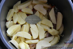 Картофель, тушенный с рёбрышками в мультиварке: Сверху мяса выкладываю ломтики картофеля, не перемешивая его. Добавляю лавровый лист.