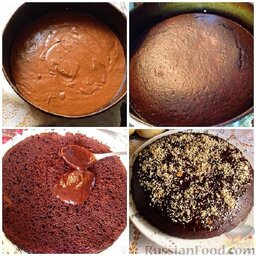 Очень шоколадный пирог (без шоколада): Вылить тесто в форму, выпекать при 170-180 градусах 50 минут.  Пирог вытащить из духовки, разрезать и пропитать вареньем с какао. Украсить по желанию.