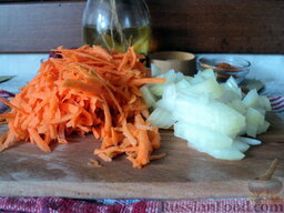 Овощное рагу с грибами: Морковь трем средней стружкой. Луковицу режем средними кубиками.