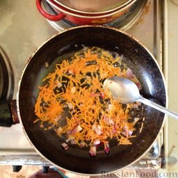 Овощной суп на свиной лопатке: Лук и морковь обжарить на сковороде (пассеровка).