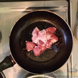 Шулемка - охотничий суп: В разогретую сковороду положить мясо, обжарить до румяной корочки.