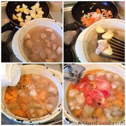 Шулемка - охотничий суп: Выложить мясо в воду.  В ту же сковороду положить картошку, так же обжарить до румяной корочки и выложить в казан.  В сковороду положить лук с морковью и обжарить, выложить в казан. Пусть суп слегка покипит, посолить.  Добавить помидоры, выдавить чеснок, добавить специи.   Выключить огонь и оставить на плите.    Приятного аппетита!