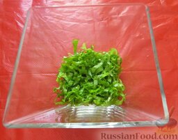 Мексиканский салат с фасолью: На дно салатницы выложить салатные листья.