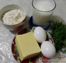 Блины с сыром и зеленью: Продукты для приготовления блинов с сыром и зеленью.