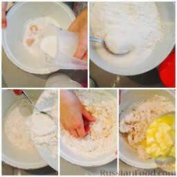 Булочный пирог с корицей и орехами: Дрожжи, теплое молоко и чайную ложку сахара смешать и оставить на 10 минут.  Отдельно смешать просеянную муку, сахар, ванилин, щепотку соли.  Смешать сухую и сырую смеси, добавить желтки перемешать.   Добавить слегка подтопленное масло и замесить упругое тесто. Оставить его на час-полтора в теплом месте.