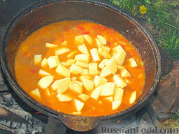 Бограч - венгерский суп: Минут через 40-60 открываем казан, докидываем картошку, доливаем оставшийся бульон. Выправляем на соль и закрываем снова.