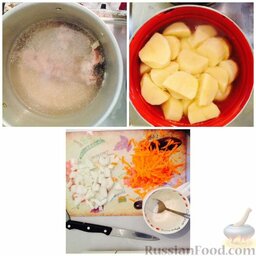 Картофельный суп-пюре с грибами, на курином бульоне: Для начала поставить вариться бульон и, отдельно, картофель, все слегка посолив.  Пока все варится, порезать лук, натереть морковь на крупной тёрке. В майонез выдавить чеснок.