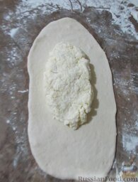 Хачапури по-аджарски: Сырную начинку тоже разделить на 6 равных частей. Берем одну часть, лепим из нее овал, кладем на тесто и расплющиваем, оставляя пустыми края.
