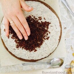 Маульвурфторте (торт "Норка крота"): Вырезанный круг, который отложен, натереть на крупной тёрке в крошку и засыпать верх торта, аккуратно прижимая крошку к крему.  Сверху можно посыпать какао.