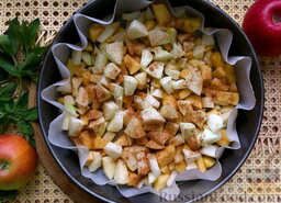 Пирог с яблоками и корицей: В форму для выпекания уложите пергаментную бумагу, разровняйте её. Выложите в форму подготовленные яблоки, присыпьте их корицей.
