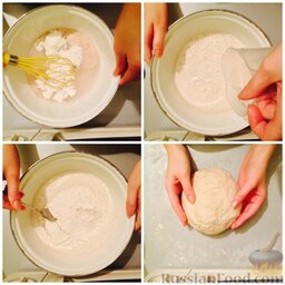 Пирог с вареньем: Сначала смешать первые три ингредиента и 3 ст.л. муки и оставить на 15 минут.  Далее добавить остальные ингредиенты и замесить тесто.
