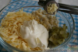 Сырный салат с сухариками: В миске смешайте измельчённые ингредиенты, добавив в них выдавленный зубчик чеснока. Заправьте салат майонезом.