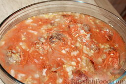 Кролик в молочно-соевом соусе, под морковно-луковой "шубой": Залить полученной смесью обжаренное мясо. Сверху блюдо покрыть луком и морковью.