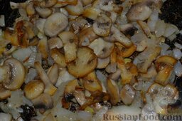 Салат из кальмаров с грибами: На сливочном масле поджариваем грибы с луком. В конце добавляем соль и перец.