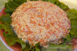Слоеный салат с куриной печенью «Одуванчики»: Последний слой - сырно-морковный.