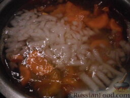 Суп с пельменями: В кастрюлю налить воду, добавить соль. Выложить картофель, морковь и лук. Варить до полуготовности картофеля.