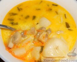 Овощной суп с грибами и черемшой: Когда суп будет готов, разлить в порционные тарелки.
