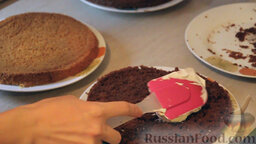 Торт "Воздушный сметанник": Начинаем собирать торт. Берём блюдо, на котором будет размещён тортик. Смазываем низ блюда нашим кремом. Кладём первый корж тёмного цвета. Порядок цветов вы можете подобрать по своему усмотрению. Я чередую тёмные коржи со светлыми.