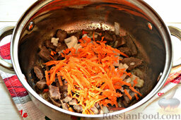 Солянка из капусты с говядиной: Измельчаем при помощи терки морковь. Нарезку добавляем в сотейник.