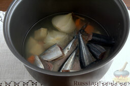 Холодец из сайры (в мультиварке): Выкладываем в емкость с овощным бульоном сегменты рыбы, перец и соль.