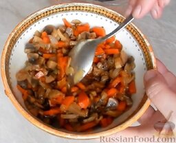 Домашняя колбаса с грибной начинкой: Лук, морковь и грибы обжарить на сковородке.