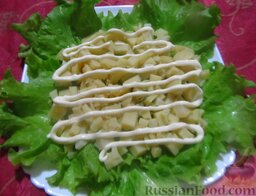 Слоеный салат с консервированной горбушей: Полейте картофель майонезом.
