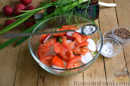 Салат из капусты с редиской: На блюдо или в салатницу выкладываем капусту, огурец, помидоры и редис. Посыпаем все морской солью, перемешиваем.