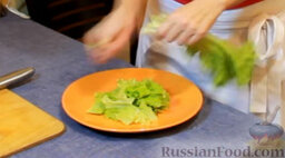 Салат "Брут" с куриной грудкой и сырными шариками: На порционную тарелку руками рвем, предварительно тщательно вымытые листья салата. Формируем из них горку.