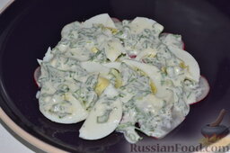 Салат из редиски с яйцом: Яйца солим, выкладываем на них слой заправки.