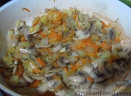 Гречневый суп с грибами и картофельными клецками: Высыпьте в сковороду к грибам морковь и лук, обжарьте до прозрачности лука.