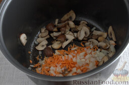 Сырный суп с мятой (в мультиварке): Шинкуем очищенный репчатый лук, измельчаем морковь. Добавляем овощи в емкость, готовим на том же режиме еще 5 минут.