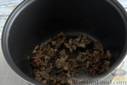 Рисовая запеканка с овощами и лесными грибами  (в мультиварке): Выкладываем в чашу мультиварки кусочки лесных грибов. Наливаем растительное масло, включаем печь на режим «Жарка», ждем 10 минут.