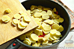 Овощное рагу с баклажанами и молодым картофелем: Молодой очищенный картофель нарезаем кружочками. Выкладываем на слой из баклажанов.