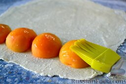 Абрикосовый штрудель из творожного теста: Выложите на один край пласта половинки абрикосов, притрусите крахмалом и сахаром.