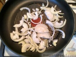 Овощное рагу по-молдавски: Очистите от шелухи лук. Нарежьте полукольцами. Обжарьте лук на подсолнечном масле до прозрачности.