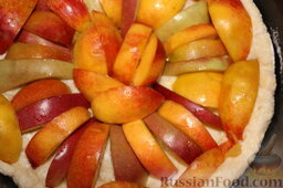 Пирог с нектаринами и яблоками (в мультиварке): Чередуя, выложить на тесто нектарины и яблоки.