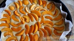 Пирог с абрикосами: Абрикосы помыть и нарезать дольками. На противень с тестом выложить абрикосы, слегка погружая их в тесто.