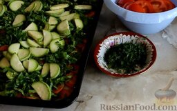 Караси, запеченные в духовке, с овощами: Кабачки немного посолить и выложить следующим слоем.