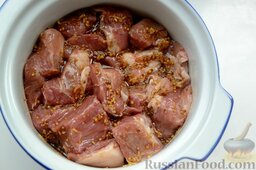 Пряная свинина со смородиной (в горшочке): Смешайте мясо с маринадом и выложите в горшочек.