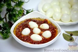 Перепелиные яйца в пряном томатном соусе: Остывшие перепелиные яйца кладут в соус.