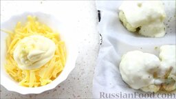 Цветная капуста под соусом бешамель: Сыр натереть на терке, добавить майонез и выдавленный через пресс чеснок. Перемешать.
