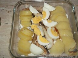 Щука, запеченная под сметанным соусом: Положить поджаренную рыбу, а вокруг разместить ломтики обжаренного или вареного картофеля, не закрывая рыбы.    Яйцо нарезать. На рыбу положить ломтики вареного яйца.