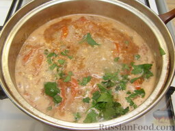 Суп-харчо с курицей: Затем добавить рубленую зелень кинзы, корицу. Проверить на соль (еще раз посолить при необходимости) и варить суп харчо из курицы еще 5-7 минут.